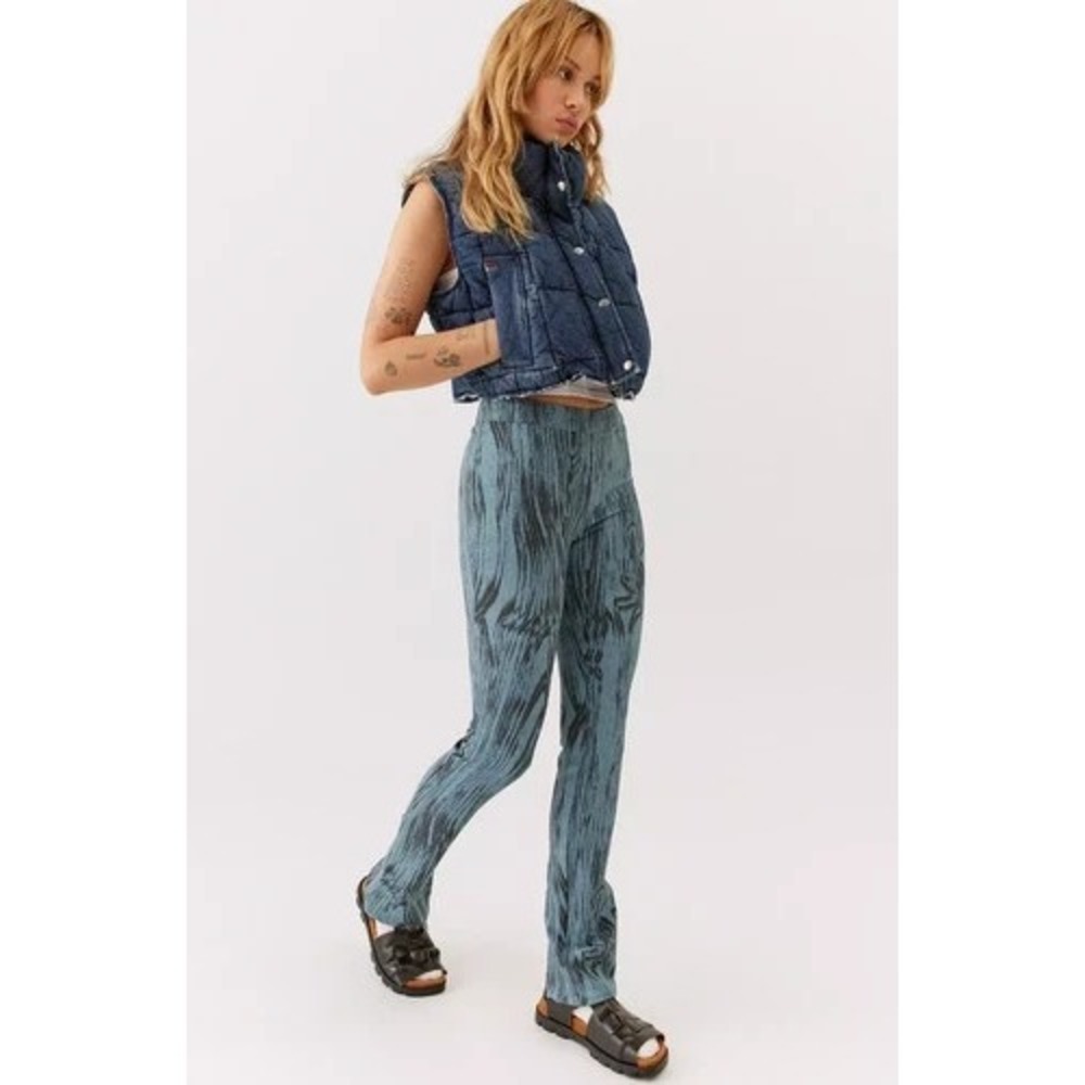 UO Urban Outfitters Nyx Zip Hem Trouser Pants Faux Bois Wood Print Blue XS